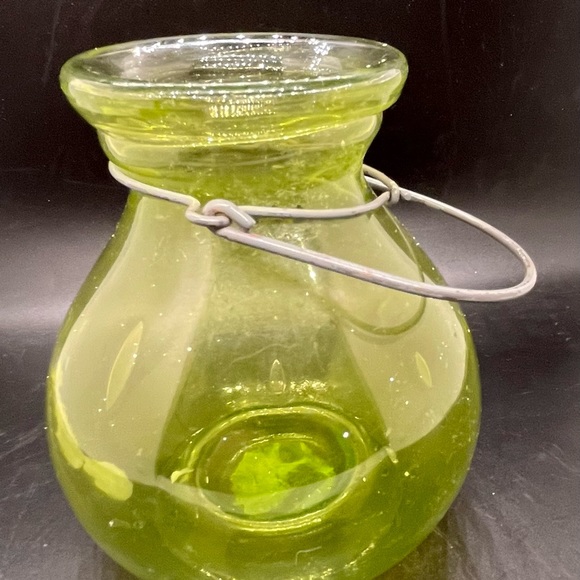 Outdoor glass tea light hanging lantern globe yellow bulbous indent candle - Picture 7 of 13